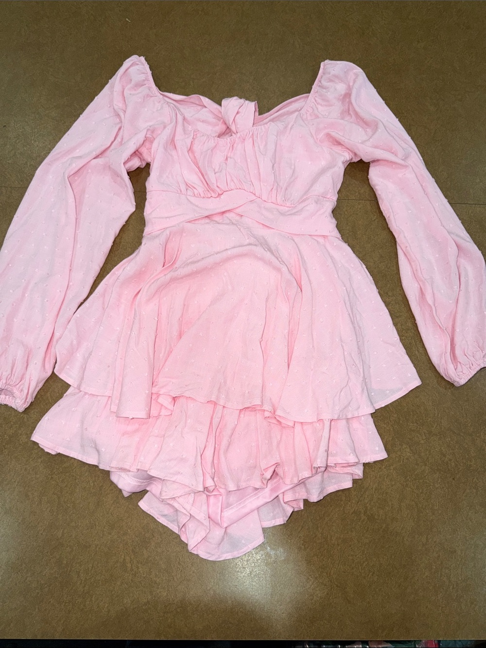 NWT Altar'd State Pink Long-Sleeve Romper with Tiered Skirt • Textured • Med